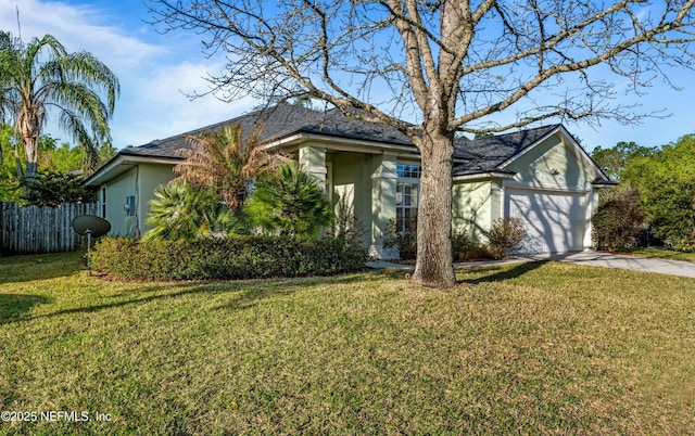 ranch-style home with stucco siding, a front lawn, driveway, fence, and an attached garage