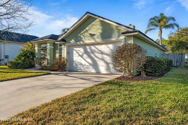 ranch-style house featuring driveway, a chimney, stucco siding, a front lawn, and a garage