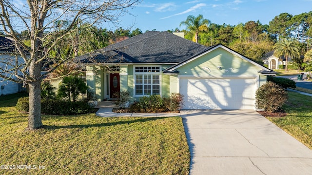 single story home with a front yard, driveway, an attached garage, stucco siding, and a shingled roof