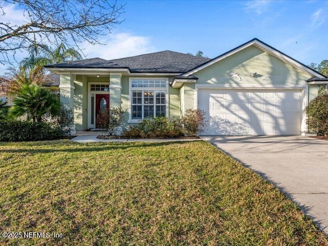 ranch-style home featuring a garage, concrete driveway, a front lawn, and stucco siding