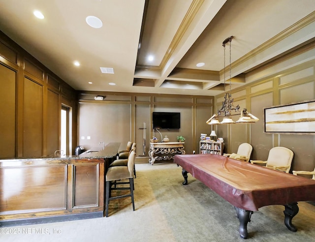 recreation room with crown molding, light carpet, recessed lighting, a decorative wall, and coffered ceiling