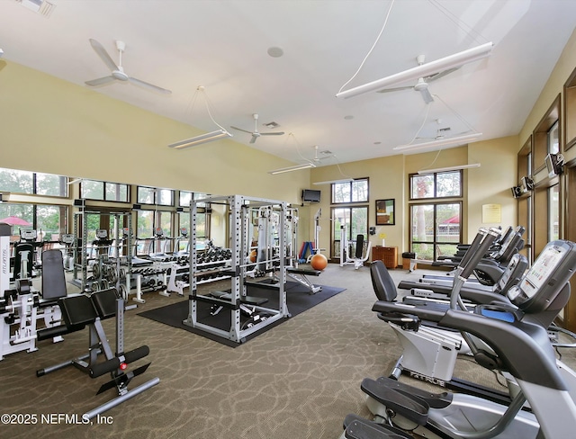 exercise room featuring visible vents, carpet, a high ceiling, and ceiling fan