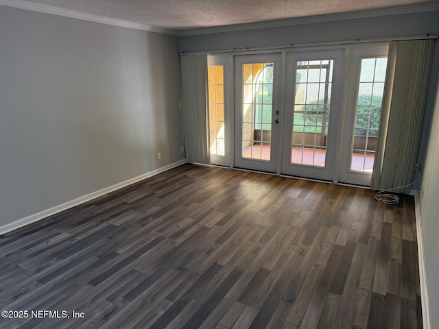 6655 Bell Tower Ct Unit 7, Jacksonville, FL 32217 - unfurnished room with crown molding, french doors, a textured ceiling, dark wood finished floors, and baseboards
