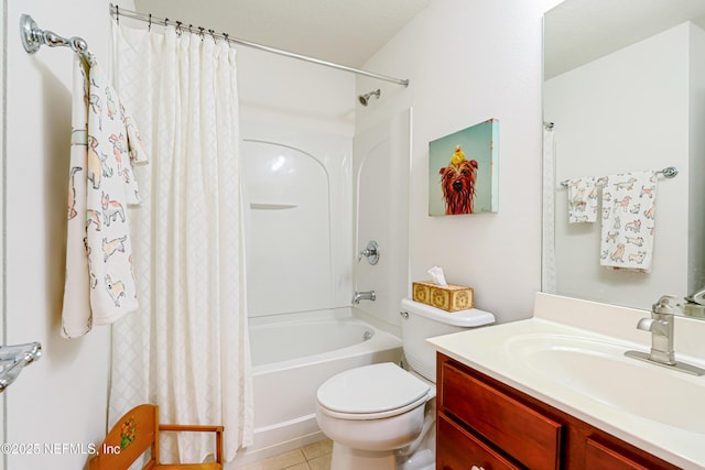 bathroom featuring tile patterned floors, vanity, toilet, and shower / tub combo with curtain