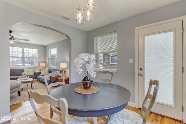 dining area featuring visible vents, baseboards, light wood-type flooring, ceiling fan with notable chandelier, and arched walkways