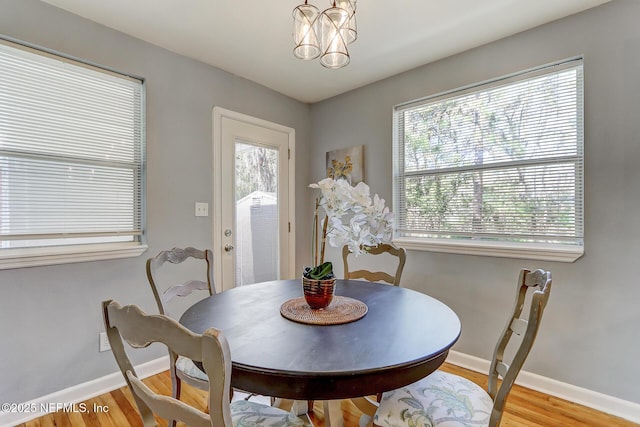 dining space featuring a wealth of natural light, baseboards, and wood finished floors