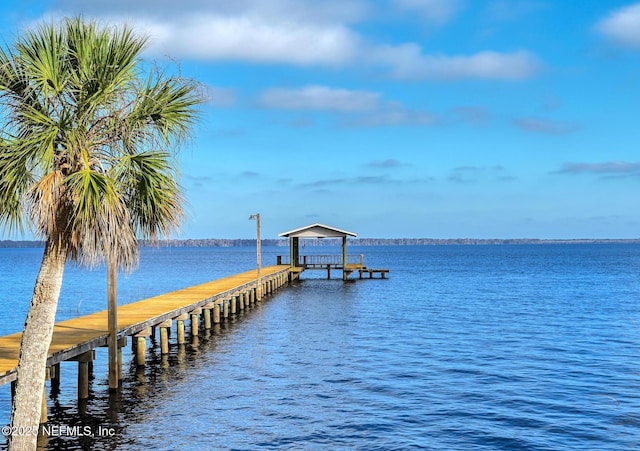 dock area with boat lift and a water view