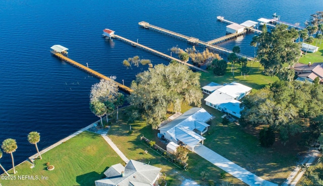 birds eye view of property featuring a water view