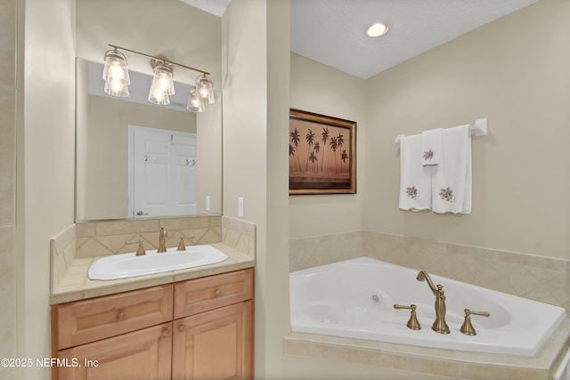 bathroom with backsplash, a textured ceiling, a tub with jets, and vanity