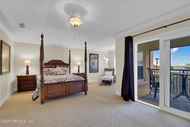 bedroom with visible vents, ornamental molding, baseboards, light colored carpet, and access to exterior