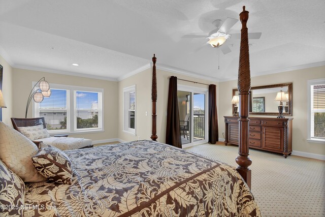 bedroom featuring light carpet, ornamental molding, and access to outside