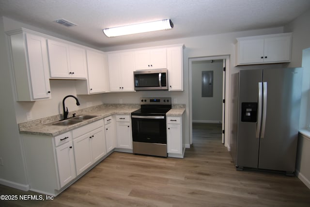 kitchen featuring a sink, light wood-style floors, white cabinetry, and stainless steel appliances