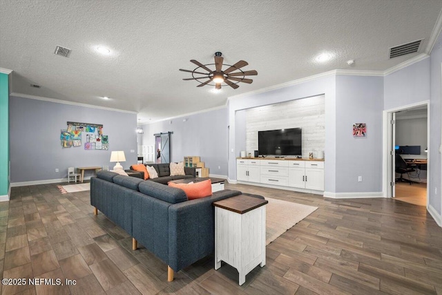 living area with visible vents, baseboards, ceiling fan, and dark wood finished floors