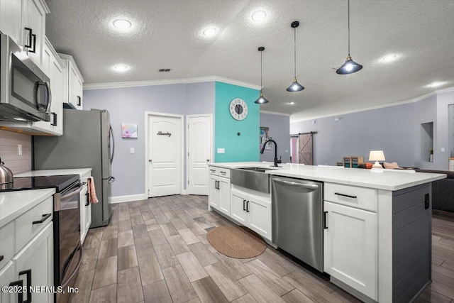 kitchen featuring appliances with stainless steel finishes, white cabinetry, wood finish floors, and a sink