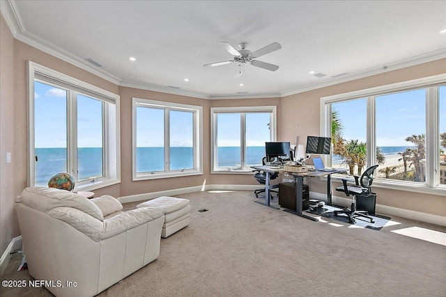 office space featuring carpet flooring, baseboards, and ornamental molding