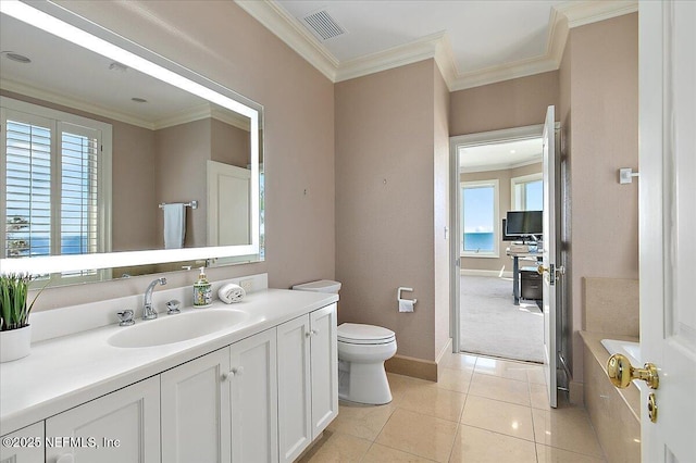 bathroom featuring tile patterned flooring, visible vents, toilet, and crown molding