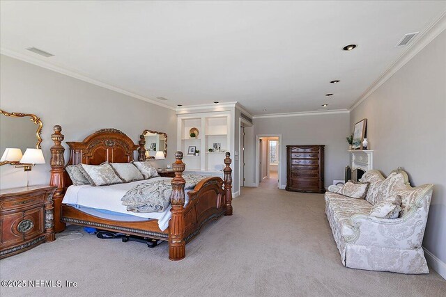 bedroom featuring light carpet, visible vents, baseboards, and ornamental molding