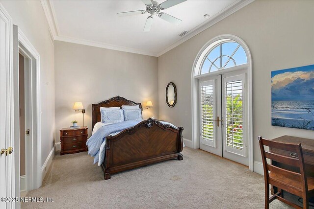 bedroom featuring carpet, baseboards, ornamental molding, french doors, and access to outside