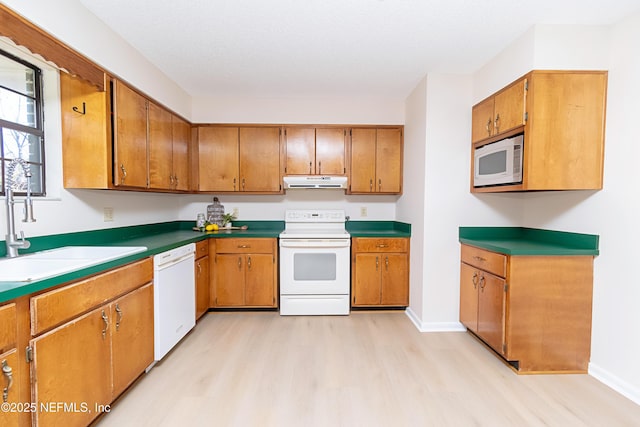 kitchen featuring under cabinet range hood, brown cabinets, light wood-style flooring, white appliances, and a sink