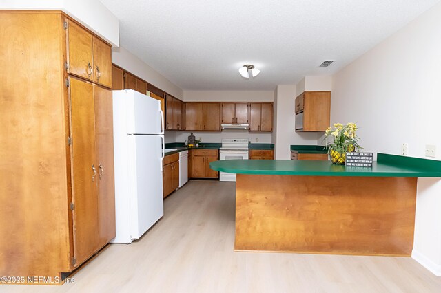 kitchen featuring visible vents, under cabinet range hood, brown cabinets, a peninsula, and white appliances