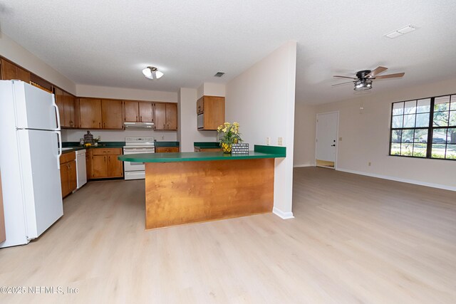 kitchen with dark countertops, under cabinet range hood, brown cabinets, a peninsula, and white appliances