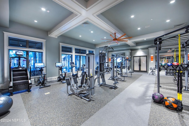 exercise room with visible vents, recessed lighting, coffered ceiling, and baseboards