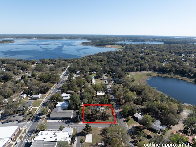 aerial view with a water view and a view of trees