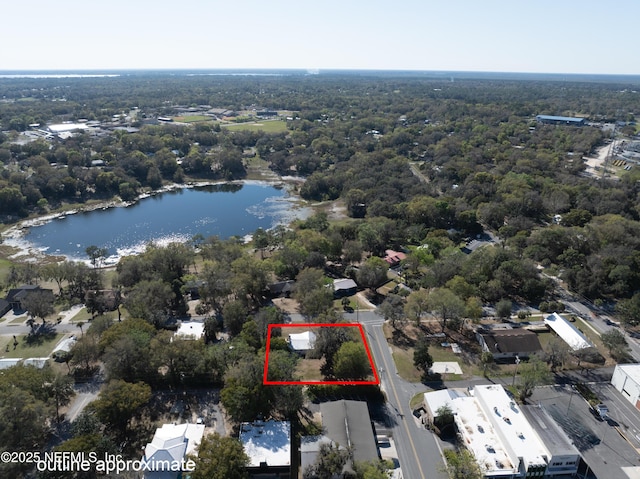 birds eye view of property with a water view and a wooded view