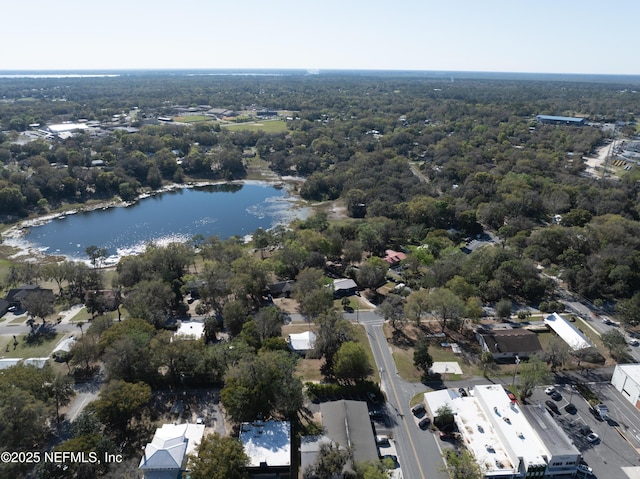 drone / aerial view featuring a water view and a wooded view