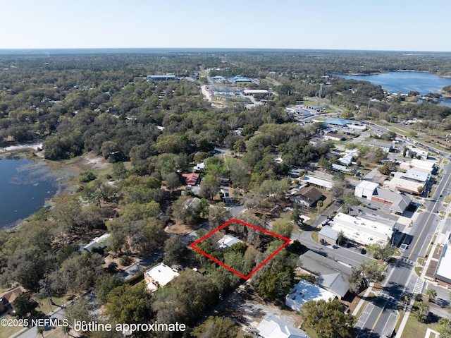 bird's eye view with a water view and a view of trees