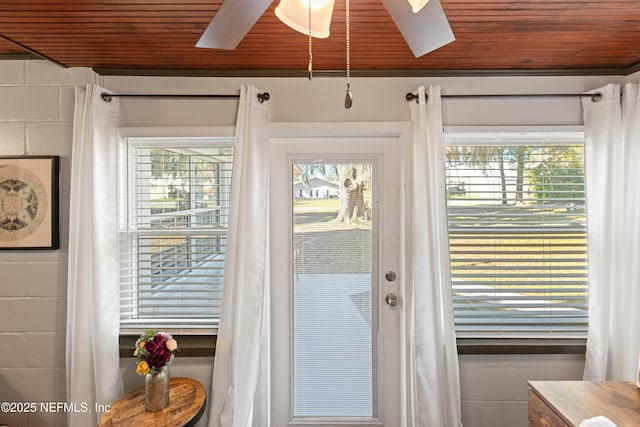 doorway to outside with wood ceiling, a wealth of natural light, and ceiling fan