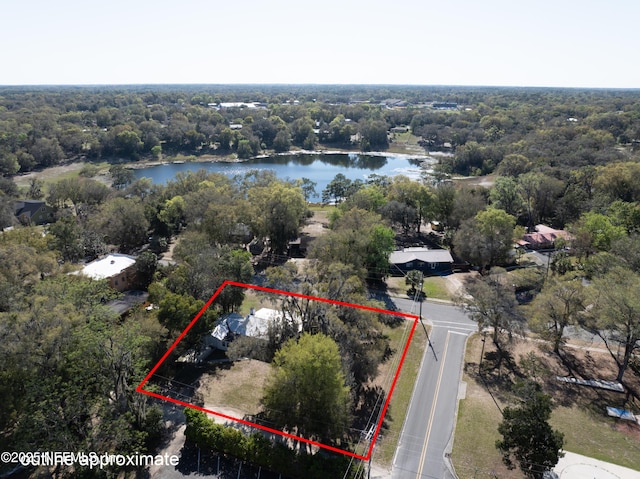 birds eye view of property with a wooded view and a water view