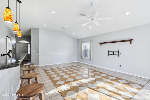 unfurnished living room with light tile patterned floors, recessed lighting, ceiling fan, and lofted ceiling