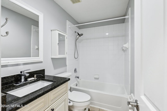 bathroom featuring shower / bathing tub combination, toilet, visible vents, and vanity