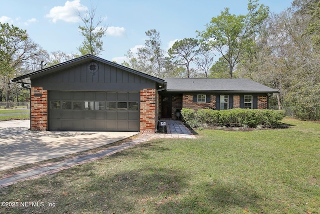 ranch-style house featuring a garage, brick siding, concrete driveway, and a front yard