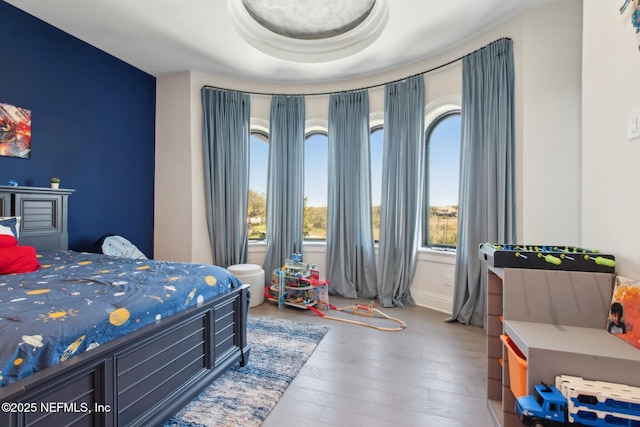 bedroom with baseboards and wood finished floors
