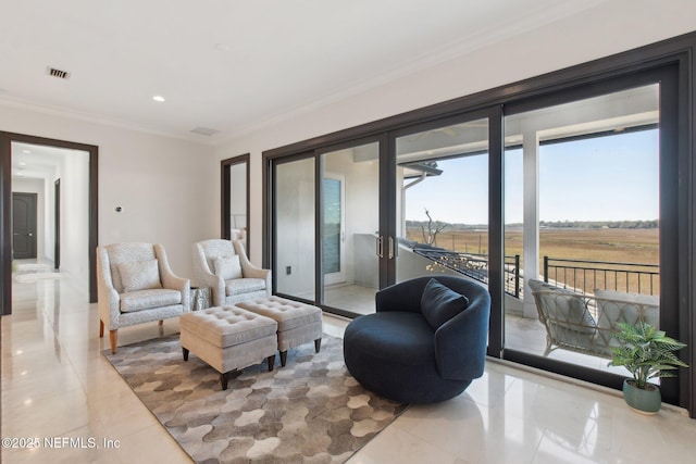 living room with visible vents, recessed lighting, french doors, and ornamental molding