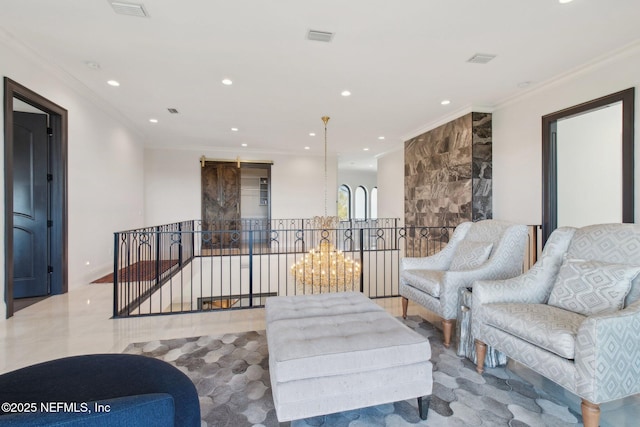 living area featuring recessed lighting, visible vents, and ornamental molding