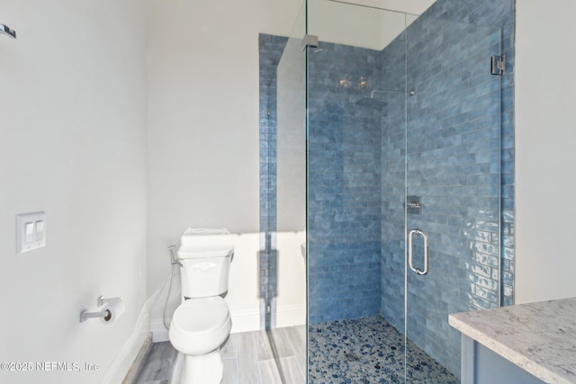 full bathroom featuring a shower stall, toilet, baseboards, and wood tiled floor
