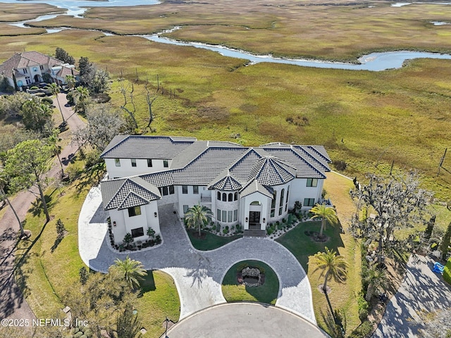 drone / aerial view featuring a water view