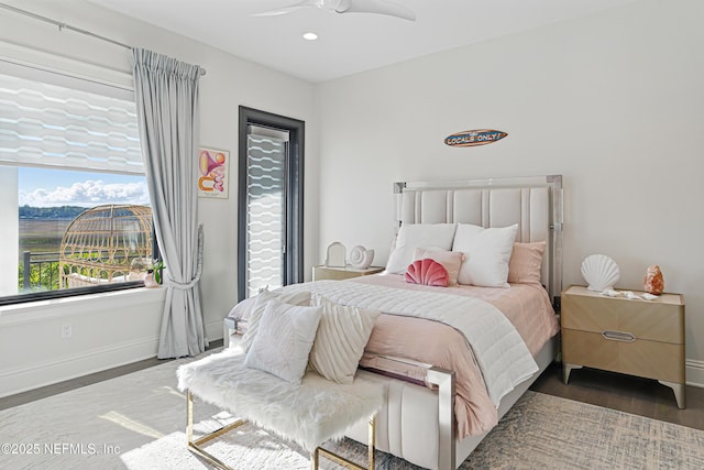bedroom featuring ceiling fan, baseboards, wood finished floors, and recessed lighting