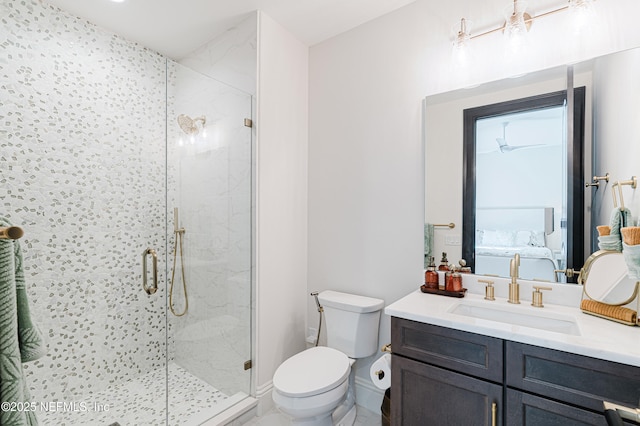 ensuite bathroom featuring vanity, ensuite bath, toilet, and a stall shower