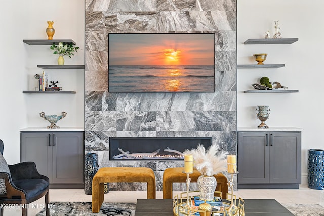 room details with a tile fireplace
