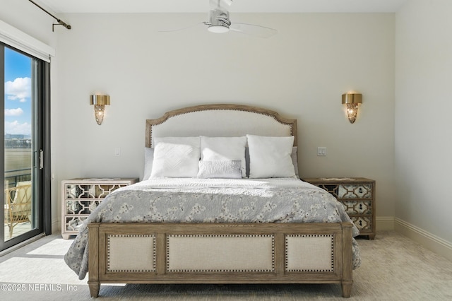 carpeted bedroom with ceiling fan, baseboards, and access to exterior