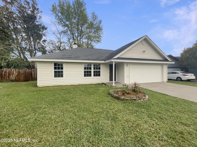 ranch-style house with fence, an attached garage, a chimney, a front lawn, and concrete driveway