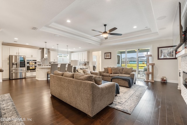 living room featuring a stone fireplace, a raised ceiling, a healthy amount of sunlight, and dark wood-style floors