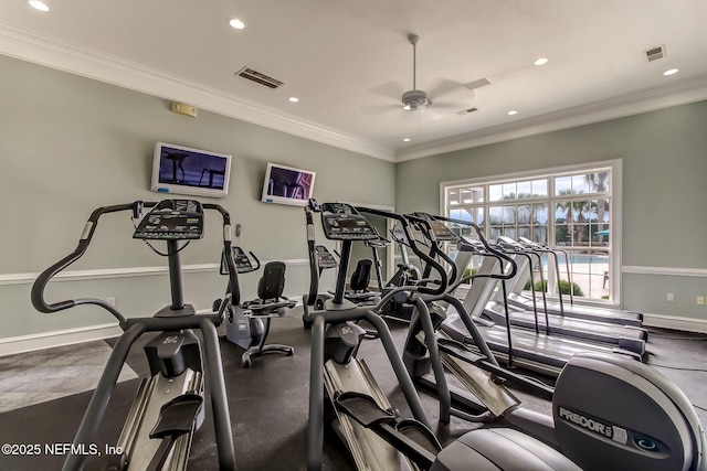 gym featuring ceiling fan, visible vents, and ornamental molding