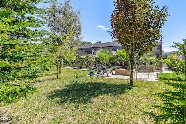 view of yard featuring a vegetable garden, glass enclosure, and a patio