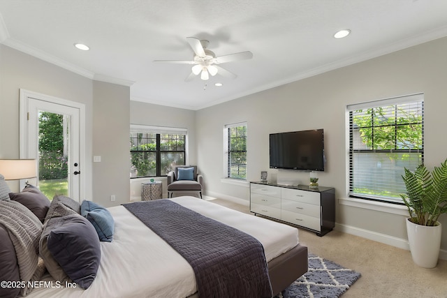 bedroom featuring crown molding, multiple windows, and baseboards