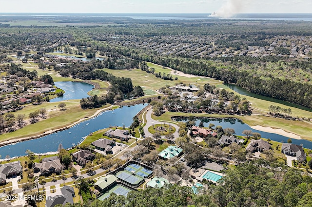 bird's eye view featuring a residential view, view of golf course, and a water view